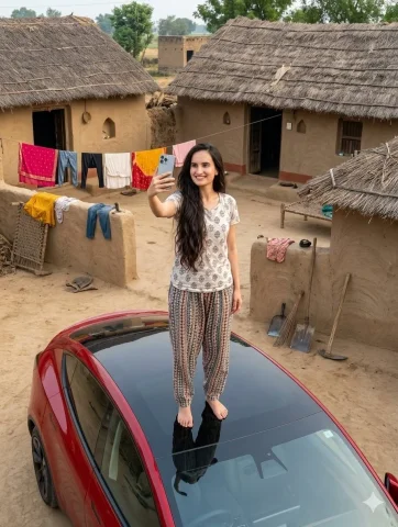 High-Tech Car in Village — Nano Banana 2 AI Prompt: {"image_generation_request": {"subject": {"person": "Young woman with long, wavy...