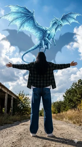 Celestial Dragon Fantasy — Nano Banana 2 AI Prompt: A giant icy-blue celestial dragon flying through a bright blue cloudy sky, ultra...