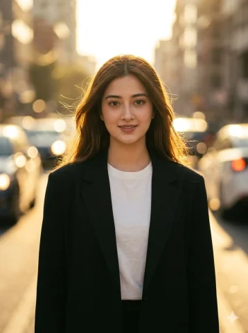 Golden Hour Street Fashion — Nano Banana 2 AI Prompt: A cinematic, high-end portrait of a beautiful 22-year-old girl with a slim, eleg...