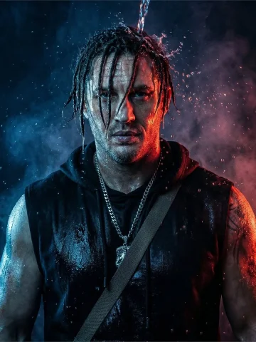 Dual-Light Splash Portrait — Nano Banana 2 AI Prompt: Ultra-realistic cinematic portrait of a strong man standing under a stream of wa...