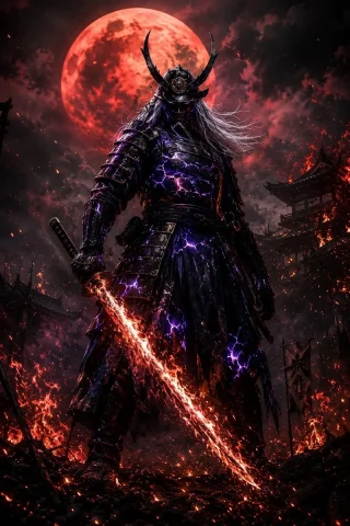 Dark Fantasy Samurai Warlord — Nano Banana 2 AI Prompt: Ancient Japanese samurai warlord standing under burning red moon, black armor wi...