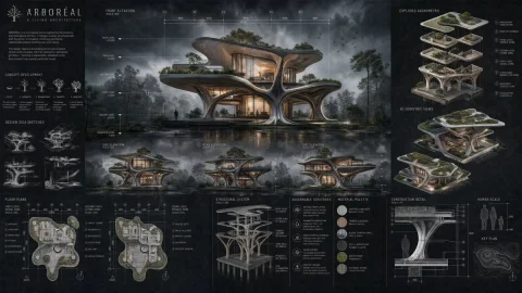 Arboreal Architecture Board I — Nano Banana 2 AI Prompt: Ultra-realistic architectural competition presentation board, portrait A1 layout...