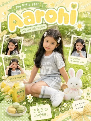 Kawaii Scrapbook Children Poster — Nano Banana 2 AI Prompt: Kawaii scrapbook-style children photography poster, cute little girl with long b...
