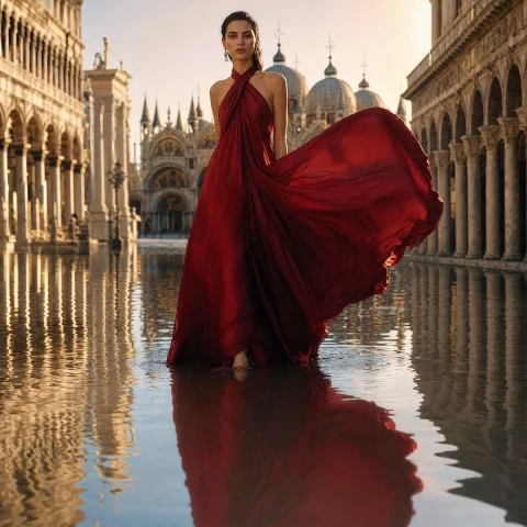 Crimson Gown Venice Editorial I — Nano Banana 2 AI Prompt: Create a high-fashion editorial photograph of a tall runway model wearing a dram...