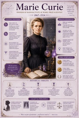 Vintage Science Infographic I — Nano Banana 2 AI Prompt: Premium Vintage Encyclopedia-Style Educational Infographic: Marie Curie’s Scient...