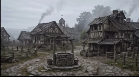 Misty Village Establishing Shot — Nano Banana 2 AI Prompt: Create a cinematic wide establishing shot of a quiet medieval European village s...