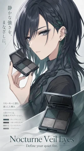 Nocturne Veil Beauty Poster — Nano Banana 2 AI Prompt: {"type":"vertical anime cosmetics key visual poster","aspect_ratio":"9:16","styl...