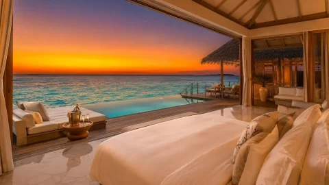 Maldivian Overwater Villa — Nano Banana 2 AI Prompt: A spectacular luxury hotel marketing photograph designed to inspire immediate bo...
