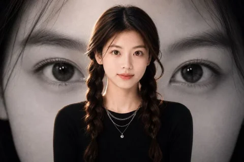 Eye Backdrop Portrait — Nano Banana 2 AI Prompt: Create a cinematic portrait poster featuring a young woman centered in the foreg...