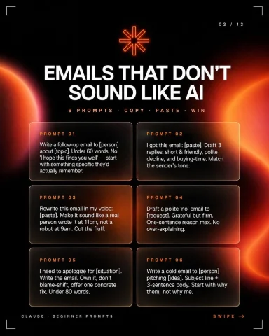 Email Prompts Carousel — Nano Banana 2 AI Prompt: {"type":"social media carousel slide thumbnail","format":"square 1:1","style":"p...
