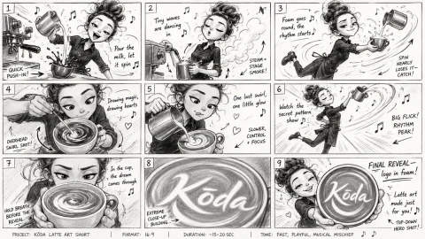 Latte Art Musical Storyboard — Nano Banana 2 AI Prompt: Create a storyboard for a creative and artistic video about making latte art. Th...