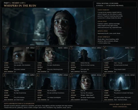 Ruin Whispers Storyboard — Nano Banana 2 AI Prompt: {"type":"cinematic storyboard sheet","format":"single-page dark production board...
