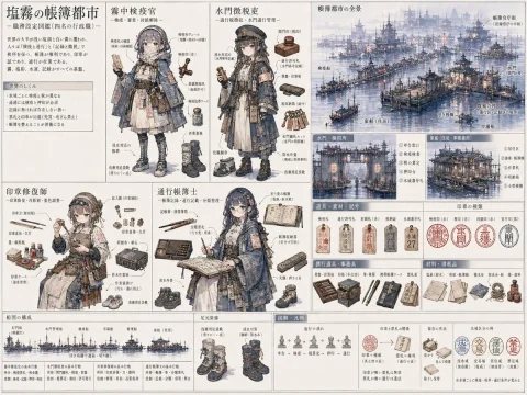 Salt Mist City Reference — Nano Banana 2 AI Prompt: {"type":"information-dense anime fantasy reference sheet and worldbuilding infog...