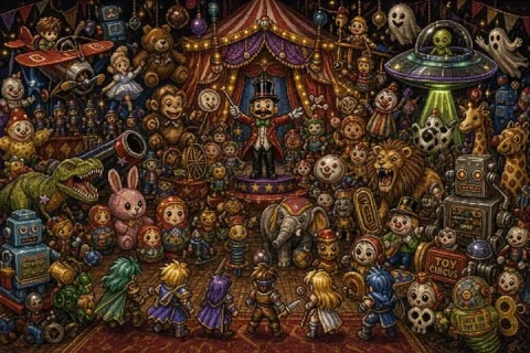 Toy Circus JRPG Battle — Nano Banana 2 AI Prompt: {"type":"dense 16-bit JRPG pixel-art battle scene","style":"Romancing SaGa-inspi...