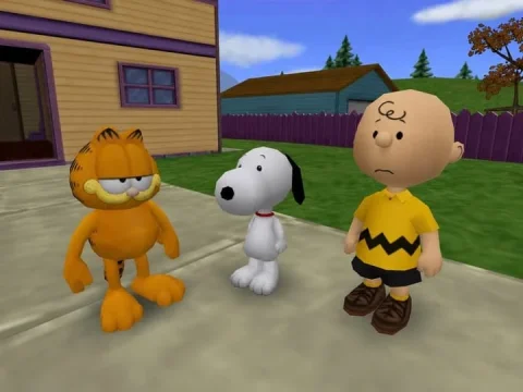 Cartoon Crossover Suburb Scene — Nano Banana 2 AI Prompt: Create a bright, nostalgic 3D cartoon video game scene featuring exactly 3 recog...