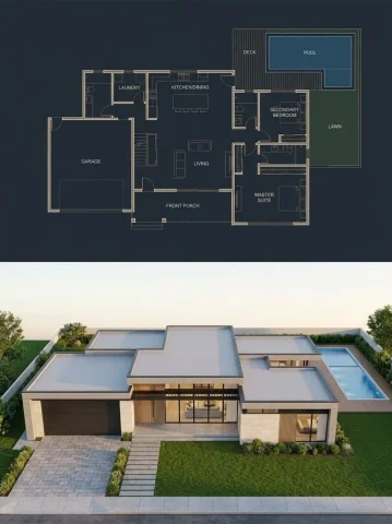 Blueprint House Split Render — Nano Banana 2 AI Prompt: {"type":"split architectural visualization","objective":"Create a 3:4 vertical a...