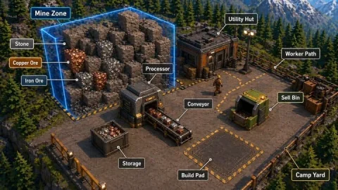 Annotated Isometric Mining Outpost — Nano Banana 2 AI Prompt: {"type":"isometric 3D game tutorial screenshot / annotated base-building infogra...