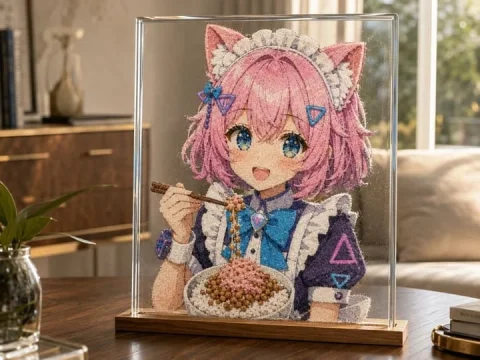 Cat-Eared Maid Sand Art — Nano Banana 2 AI Prompt: Create a photorealistic sand-art sculpture displayed inside a clear rectangular...
