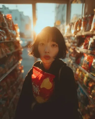 Golden Snack Aisle Portrait — Nano Banana 2 AI Prompt: Cinematic portrait of a young woman standing in a convenience store snack aisle...