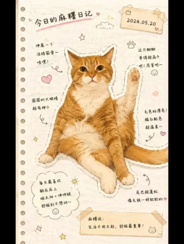 Japanese Journal Style Cat Diary — GPT Image 2.5 AI Prompt: 把这张照片转换成日系手账插画风格。 在主体猫咪外加上白色手绘描边（不规则线条）。...