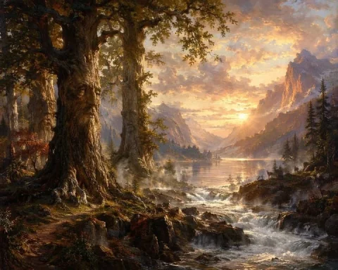 Ancient Tree Guardians at Sunset — GPT Image 2.5 AI Prompt: Create an epic romantic fantasy landscape painting in the style of a 19th-centur...