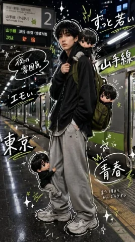 Tokyo Yamanote Youth Poster — Nano Banana 2 AI Prompt: { "type": "vertical cinematic mixed-media street fashion poster", "aspect_ratio"...
