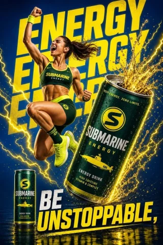Dynamic Energy Drink Ad — GPT Image 2.5 AI Prompt: This high-energy advertisement features a dynamic composition centered on a powe...