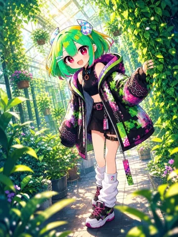 Greenhouse Cyber Streetwear Anime Girl — GPT Image 2.5 AI Prompt: Create a vibrant full-body anime illustration of a fashionable young girl in a s...