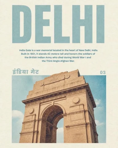 Vintage Delhi India Gate Poster — GPT Image 2.5 AI Prompt: Create a vintage travel poster for DELHI on warm off-white textured paper with s...