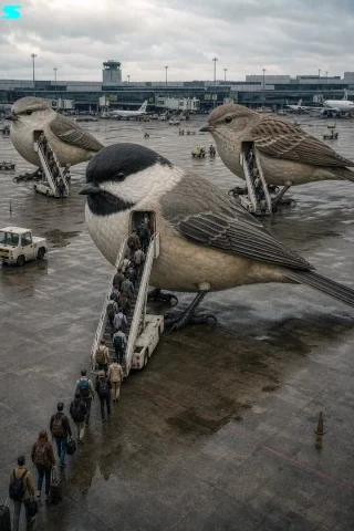 Surreal Giant Bird Aircraft — GPT Image 2.5 AI Prompt: [cinematic film still], [high angle], [giant surreal birds acting as aircraft],...