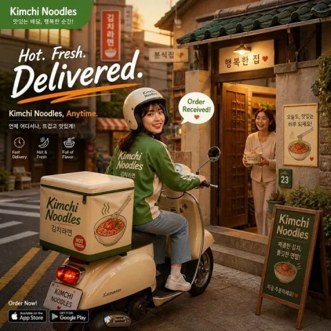 Warm Kimchi Noodles Delivery Ad — Nano Banana 2 AI Prompt: {"type":"cinematic square food delivery advertisement poster","style":"warm cozy...