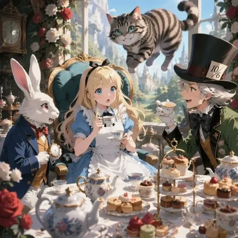 Anime Alice Wonderland Tea Party — Nano Banana 2 AI Prompt: Create a richly detailed anime-style fantasy illustration of an Alice in Wonderl...