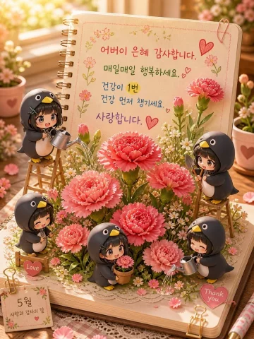 3D Pop-up Parents Day Card — GPT Image 2.5 AI Prompt: 3D 노트 위 꽃이 입체적으로 피어나는 장면, 첨부된 사진의 미니 캐릭터들이 물주고...