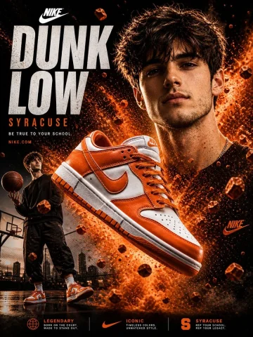 Nike Dunk Low Commercial Poster — GPT Image 2.5 AI Prompt: Hyper-realistic Nike Dunk Low Syracuse advertisement, cinematic 3:4 poster. A yo...