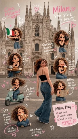 Chibi Scrapbook Photo Transformation — GPT Image 2.5 AI Prompt: remove the people around the main character, Add multiple small, cute chibi-styl...