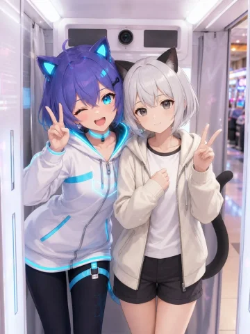 Anime Characters in Real Purikura Booth — Nano Banana 2 AI Prompt: Generate an image of these two characters taking a photo in a purikura booth, fo...