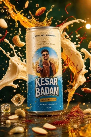 Kesar Badam Beverage Photography — Nano Banana 2 AI Prompt: Ultra realistic 4K commercial product photography of a premium beverage can name...