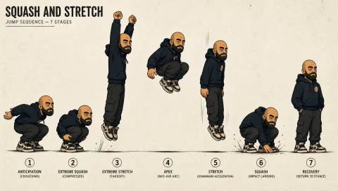 Squash and Stretch Jump Sheet — Nano Banana 2 AI Prompt: Using REFERENCE_0 as the character base, create a clean animation movement sheet...