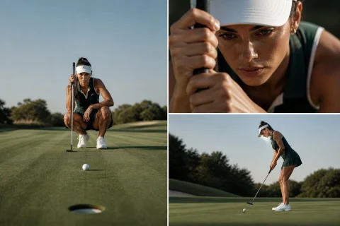 Luxury Golf Editorial Collage — Nano Banana 2 AI Prompt: Three-image luxury golf editorial collage featuring a professional female golfer...
