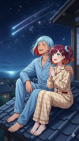 Anime Rooftop Stargazing Couple — GPT Image 2.5 AI Prompt: Create a vertical anime-style night illustration of two young adults sitting clo...