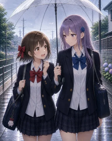 Rainy After-School Umbrella Friends — Nano Banana 2 AI Prompt: Create a polished anime-style illustration of two Japanese high school girls wal...