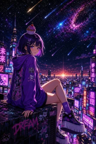 Cyberpunk Cupcake Rooftop Girl — Nano Banana 2 AI Prompt: Create a highly detailed vertical anime-style cyberpunk illustration of Kapupu,...