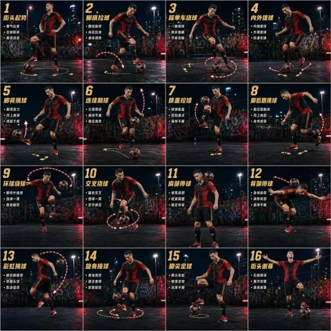 Freestyle Football 16-Step Action Poster — Nano Banana 2 AI Prompt: Please generate a high-quality, high-definition poster-style storyboard for "Str...