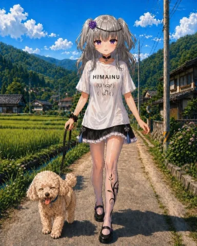 Anime Countryside Dog Walk T-Shirt Scene — Nano Banana 2 AI Prompt: Create a polished anime-style full-body illustration of a fashionable young woma...
