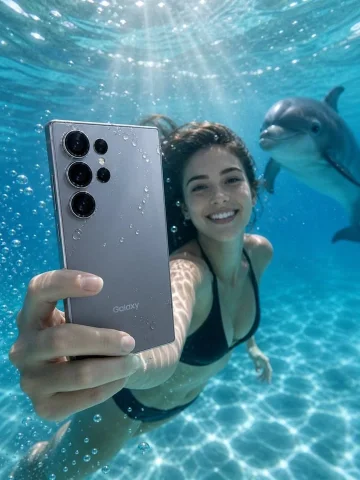 Underwater Smartphone Product Shoot — GPT Image 2.5 AI Prompt: A premium underwater commercial photoshoot featuring a sleek Galaxy S Series sma...