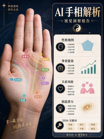 AI Palm Reading Report Poster — Nano Banana 2 AI Prompt: {"type":"Chinese magazine-style AI palm reading visual analysis report poster","...
