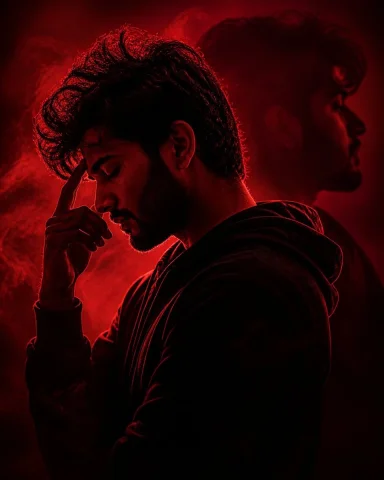 Crimson Moody Double Exposure Portrait — Nano Banana 2 AI Prompt: Create a dramatic cinematic studio portrait of a young man in side profile, wear...