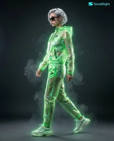 Cyberpunk Futuristic Fashion Editorial — Nano Banana 2 AI Prompt: Futuristic fashion editorial, full-body side profile of a young woman walking, w...