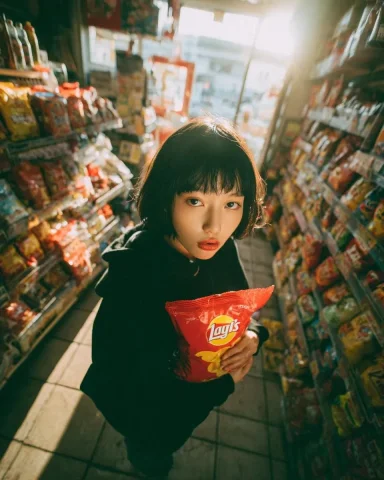 Convenience Store Candid Portrait — Nano Banana 2 AI Prompt: A young girl inside a convenience store, top-down angle shot, slightly wide pers...