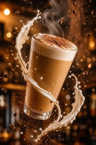 Cinematic Spinning Latte Splash — GPT Image 2.5 AI Prompt: Create an ultra-realistic cinematic coffee commercial image featuring one tall c...